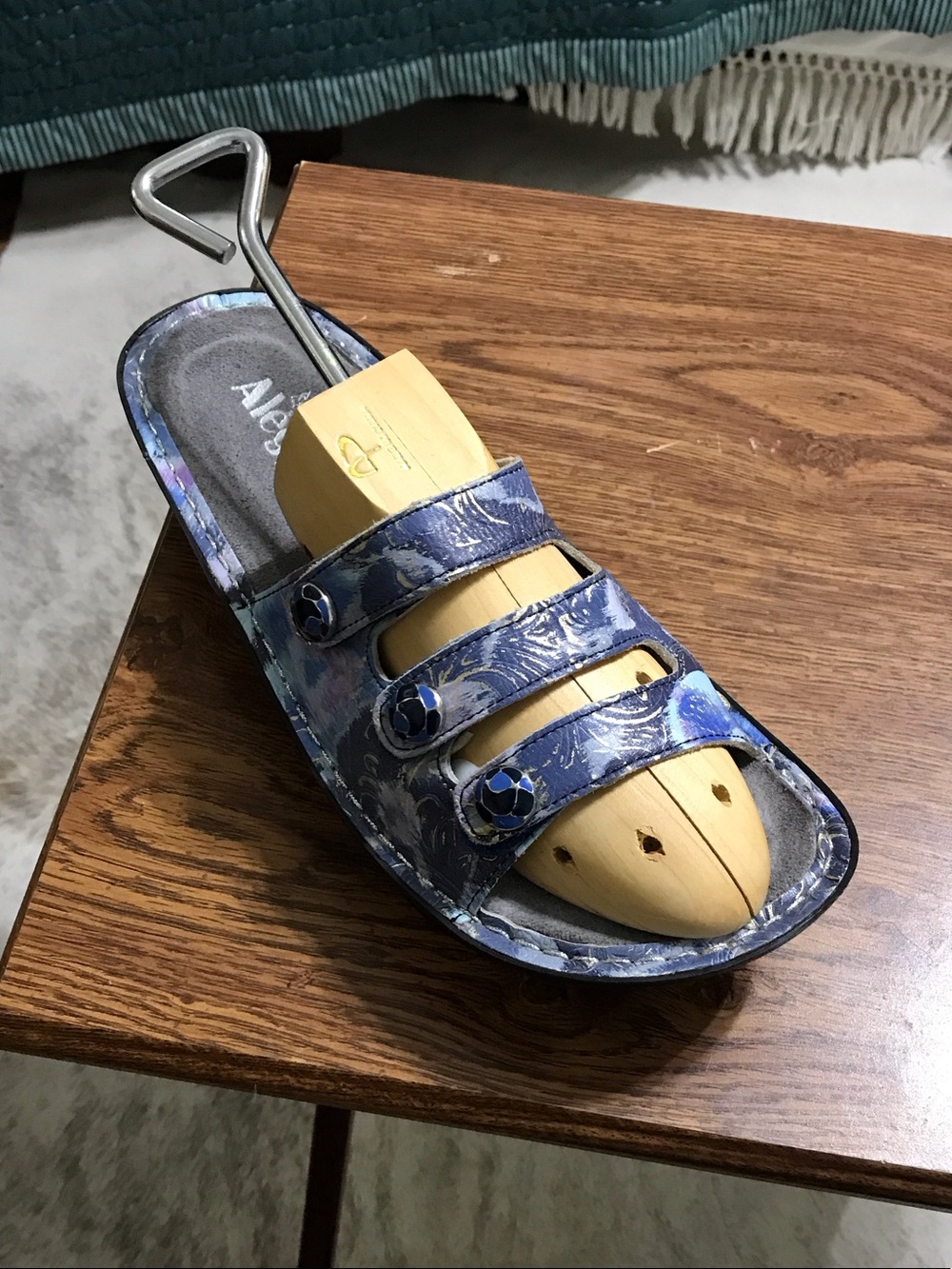 Alegria Women’s Blue Iridescent Triple-Strap Slide Sandal